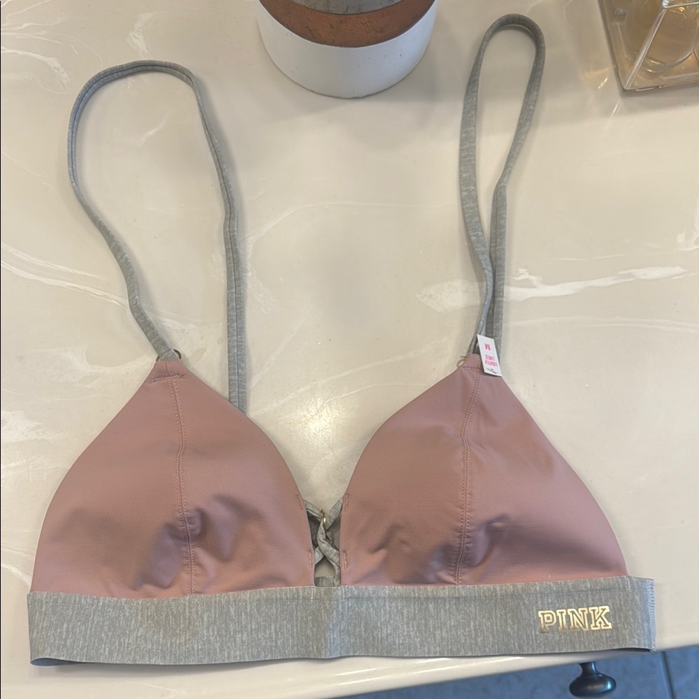 PINK Victoria's Secret Gray and Pink Triangle Bralette with Front Zipper